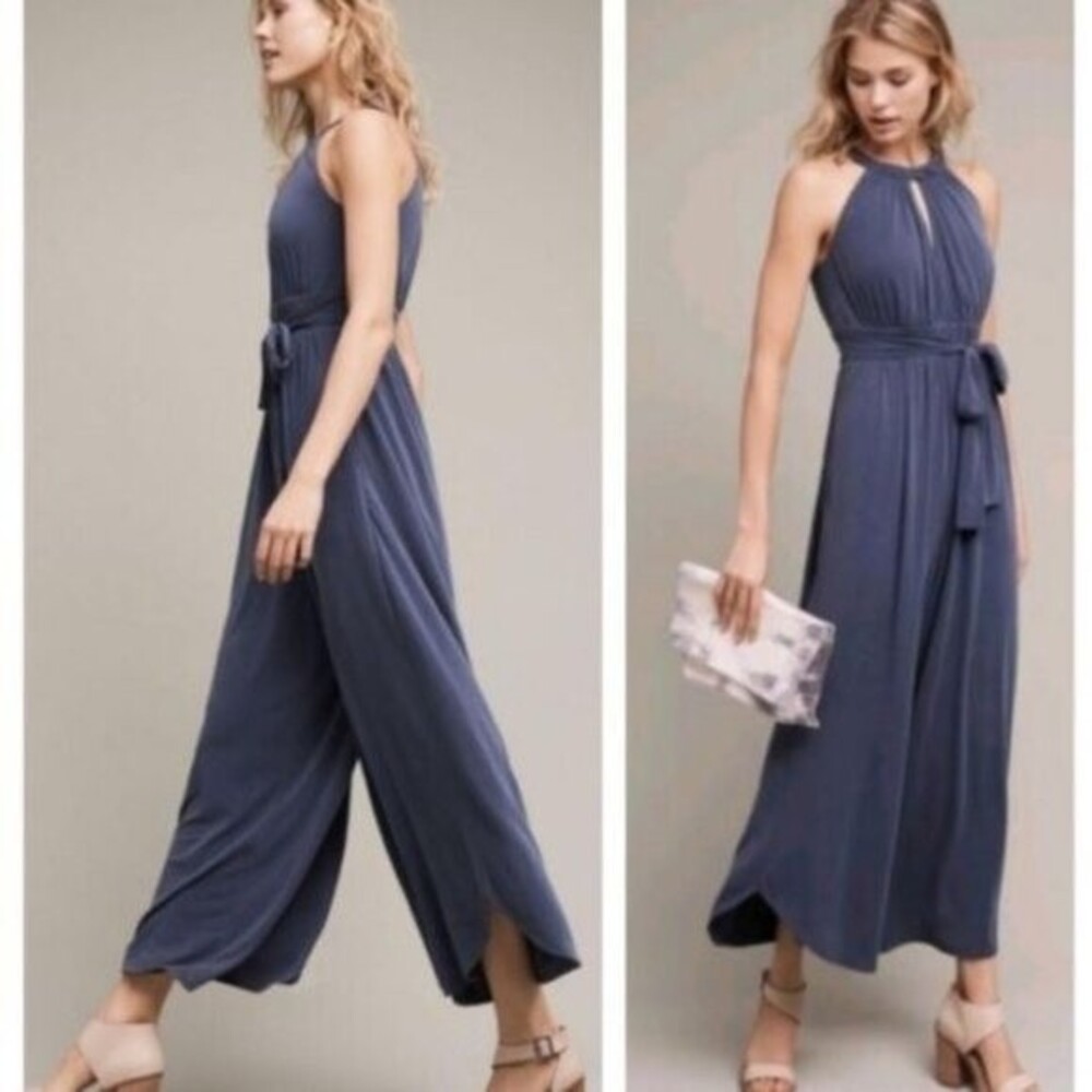Anthropologie Moulinette Soeurs Eremita Halter Dusky Blue Keyhole Jumpsuit Sz XS
